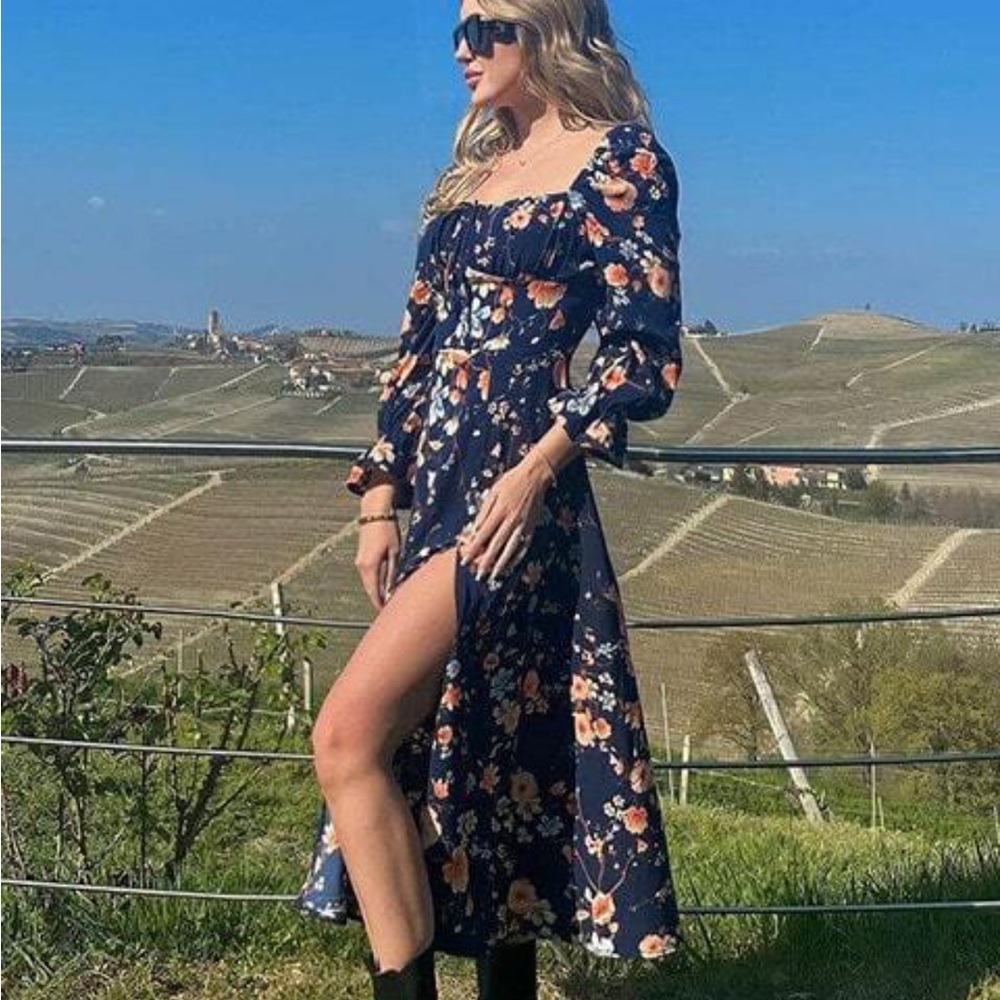 Floral Dress Square Neck Fit & Flare Maxi Long Sleeve Leg Slit Front Ties Blue - Picture 12 of 16